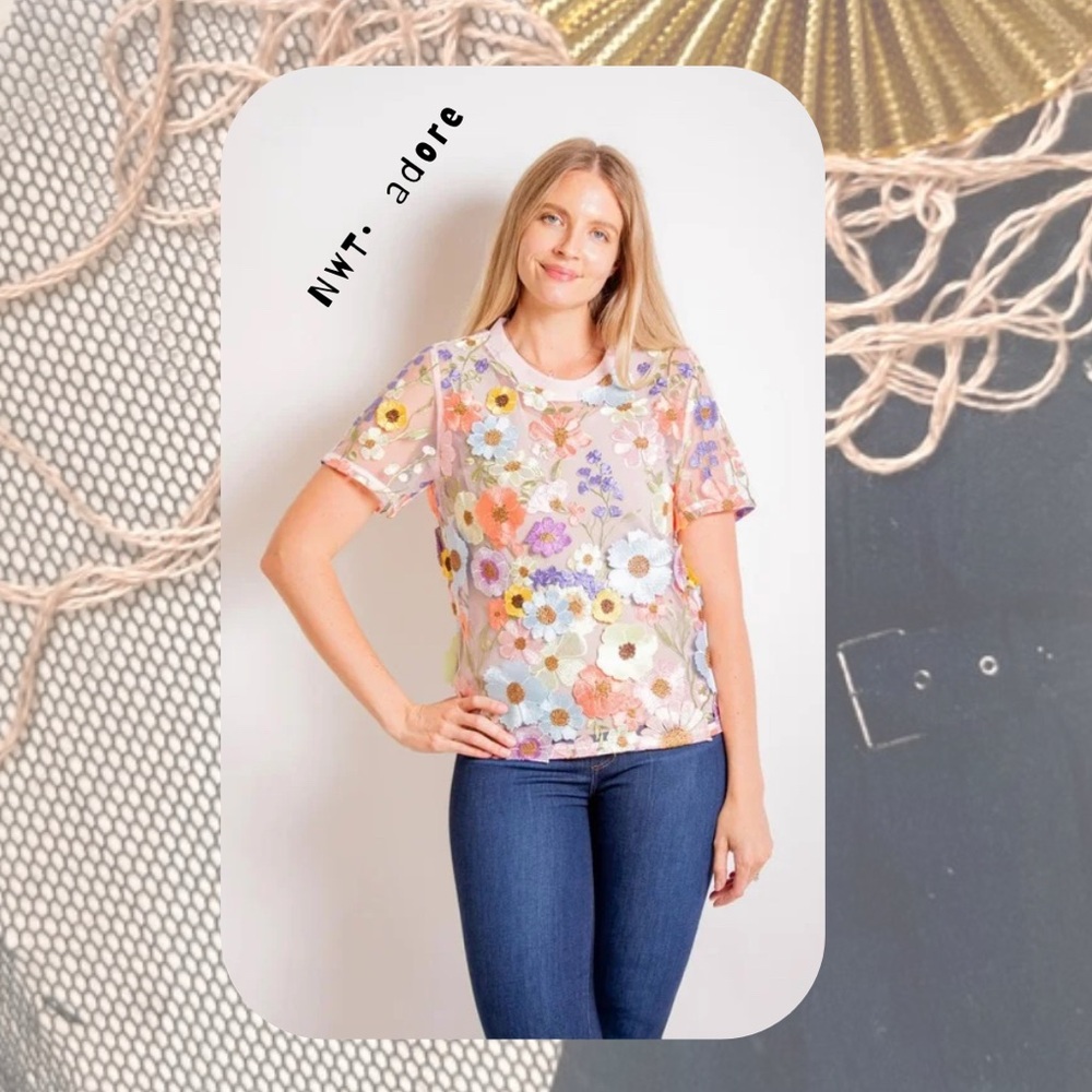 🆕 🎉 adore • light pink sheer mesh 3D floral embroidered short sleeve top